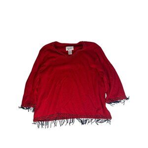 Red Christopher & Banks Womens Fringe Hem Cotton Top Large Beaded Details Boho